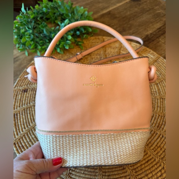 New Nanette Lepore Peach with Tan Weave Bucket Crossbody Bag - Picture 2 of 11